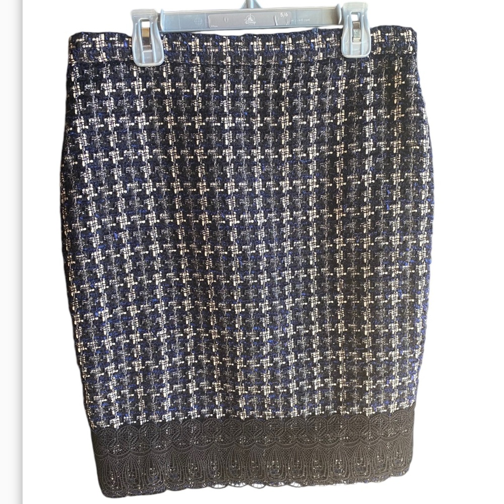NWT Ann Taylor Women’s Blue and Black Tweed Pencil Skirt with Lace Trim size 4P